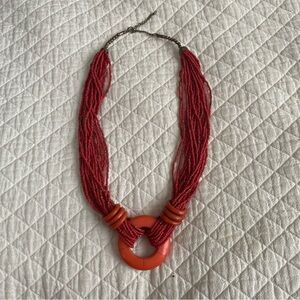 Adjustable Coral Orange Seed Beaded Necklace with Circle Pendant- 28 inches